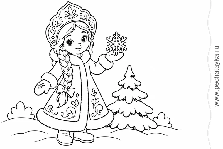 Снегурочка — чёрно-белая обложка подборки раскрасок