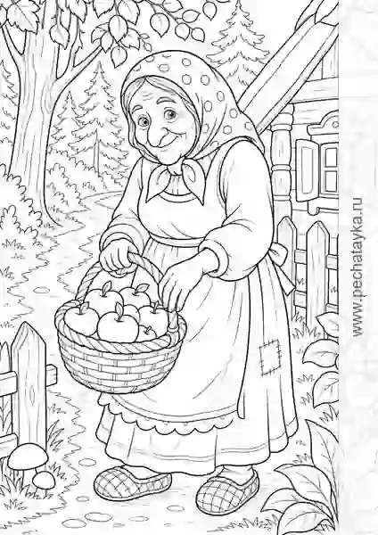 Раскраска Баба Яга из сказки Гуси-лебеди у лесной избушки для детей 6–7 лет
