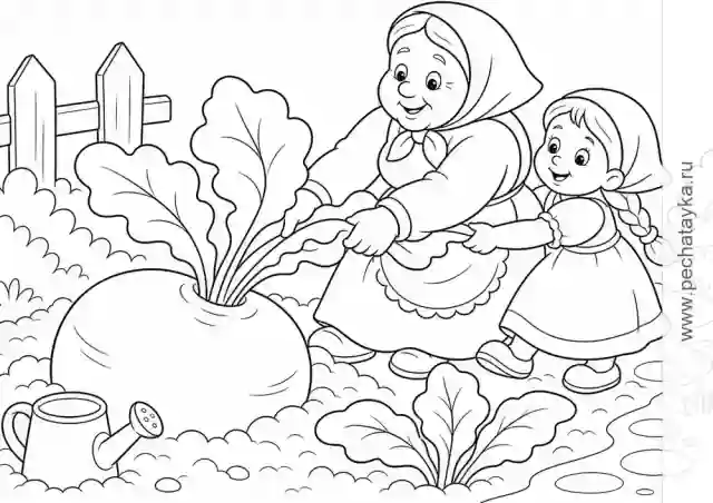 Раскраска бабка и внучка тянут репку на огороде для детей 4–5 лет