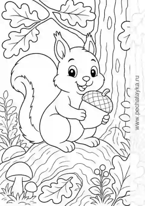 Раскраска белка с большим желудем на лесном корне для детей 4–5 лет
