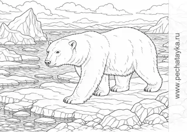 Раскраска белый медведь среди льдов с водой и арктическим пейзажем