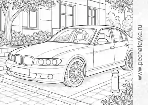 Раскраска bMW спорткупе в гараже с более детальной сценой для детей 8+ лет