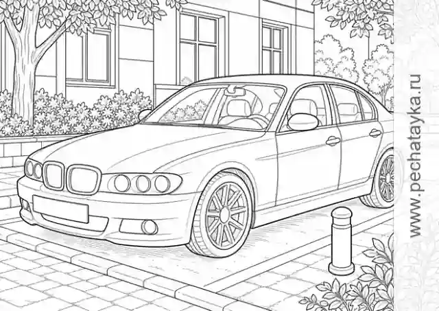 Раскраска bMW спорткупе в гараже с более детальной сценой для детей 8+ лет