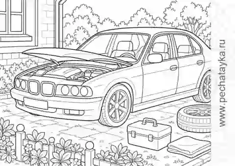 Раскраска bMW в гараже с деталями для аккуратного раскрашивания для детей 6–7 лет