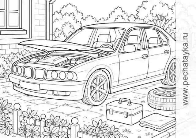 Раскраска bMW в гараже с деталями для аккуратного раскрашивания для детей 6–7 лет