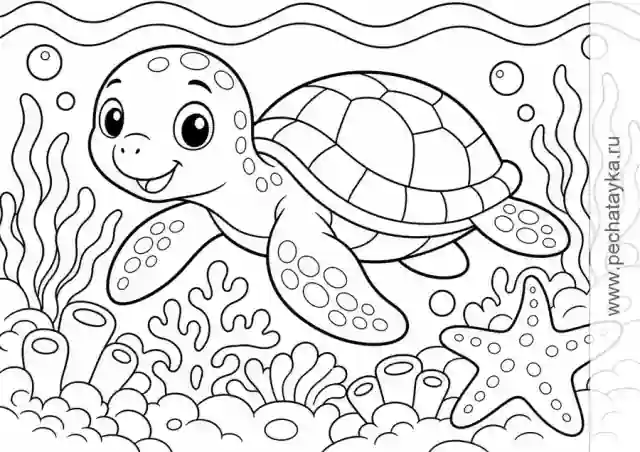 Раскраска морская черепашка у рифа с кораллами и водорослями