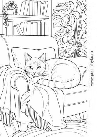 Котик в кресле — превью раскраски
