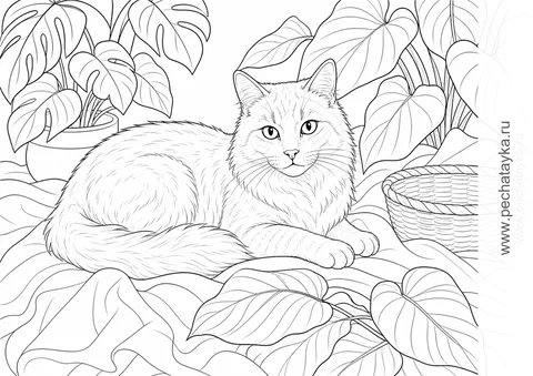 Кошка среди растений — превью раскраски