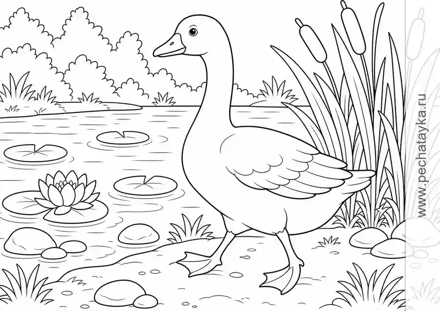 Раскраска гусь у воды на берегу пруда для детей 6–7 лет