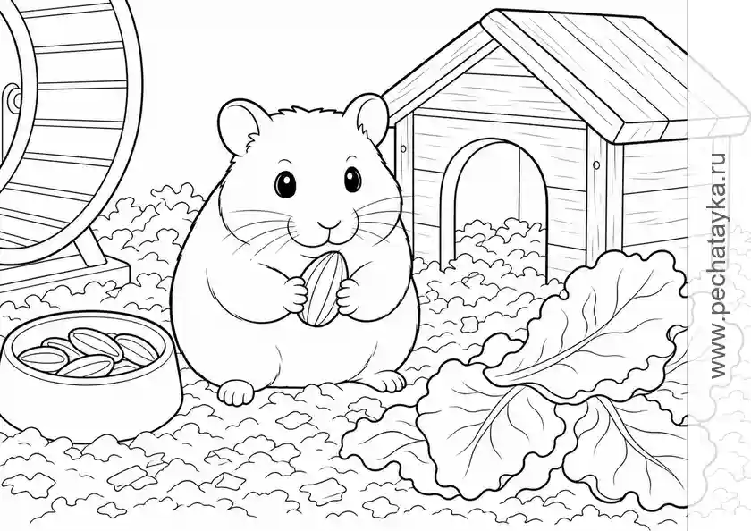 Раскраска хомяк с зернышком у домика для детей 6–7 лет