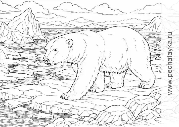 Раскраска белый медведь среди льдов с водой и арктическим пейзажем