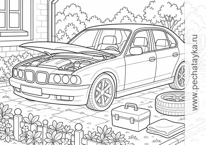 Раскраска bMW в гараже с деталями для аккуратного раскрашивания для детей 6–7 лет