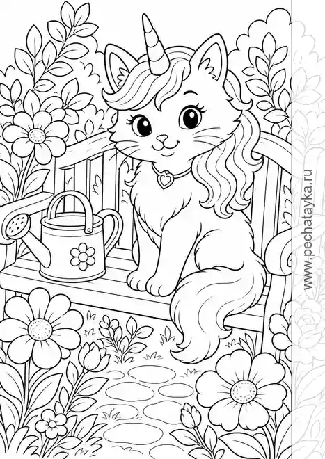 Раскраска кошка-единорожка на скамейке с лейкой для детей 5–6 лет
