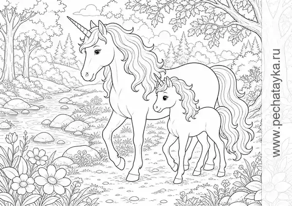 Раскраска семья единорогов на лесной тропинке у ручья для детей 6–7 лет