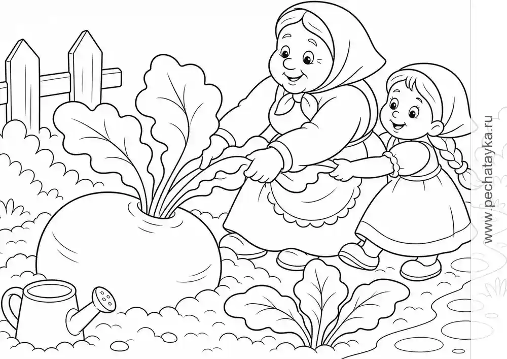 Раскраска бабка и внучка тянут репку на огороде для детей 4–5 лет