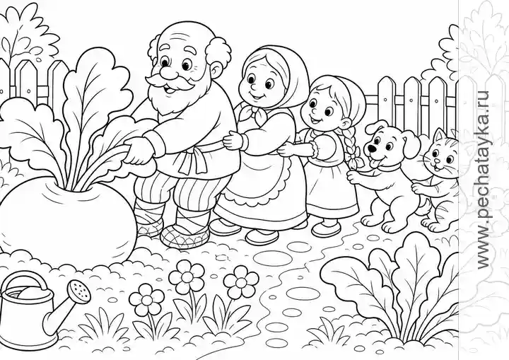 Раскраска герои сказки Репка возле большой репки для детей 5–6 лет