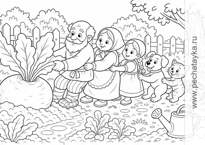 Раскраска все тянут репку цепочкой для детей 6–7 лет