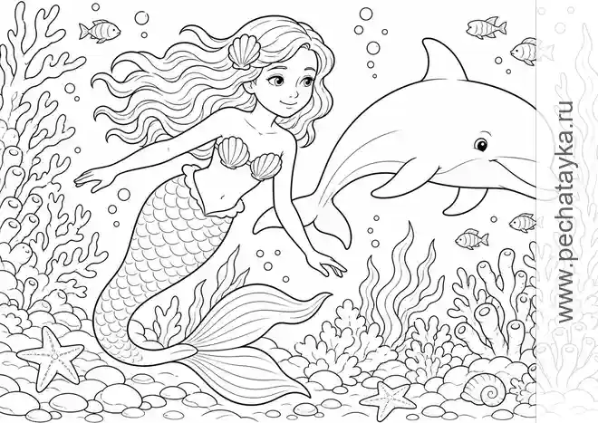 Раскраска русалка с дельфином среди кораллов и рыбок для детей 6–7 лет