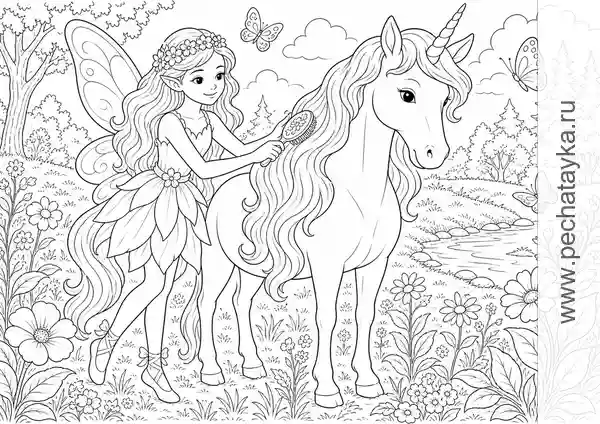 Раскраска фея и единорог на поляне с цветами и ручейком для детей 6–7 лет