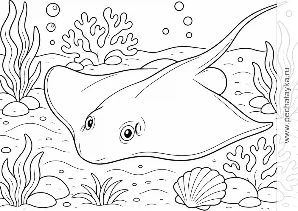 Раскраска скат на морском дне с кораллами для детей 6–7 лет