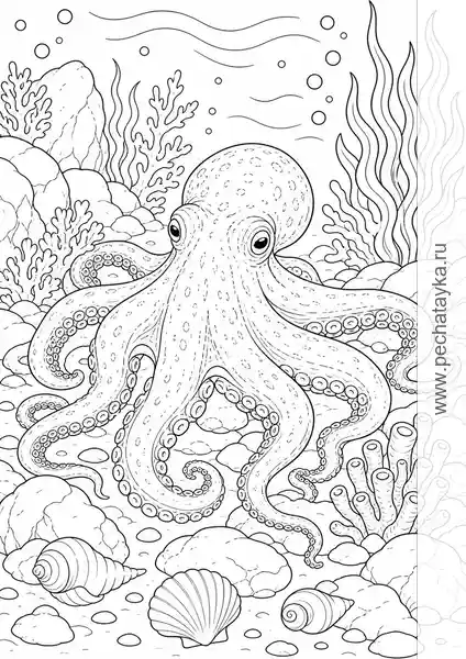 Раскраска осьминог на морском дне с кораллами для детей 8+