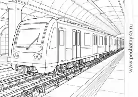 Раскраска детальный поезд метро на станции для детей 8+ лет
