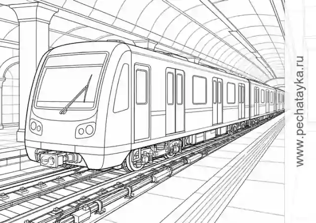 Раскраска детальный поезд метро на станции для детей 8+ лет