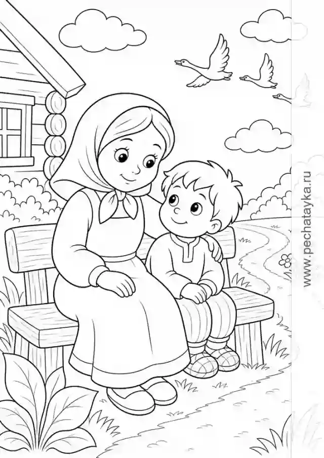 Раскраска девочка и братец у деревенской дорожки для детей 4–5 лет