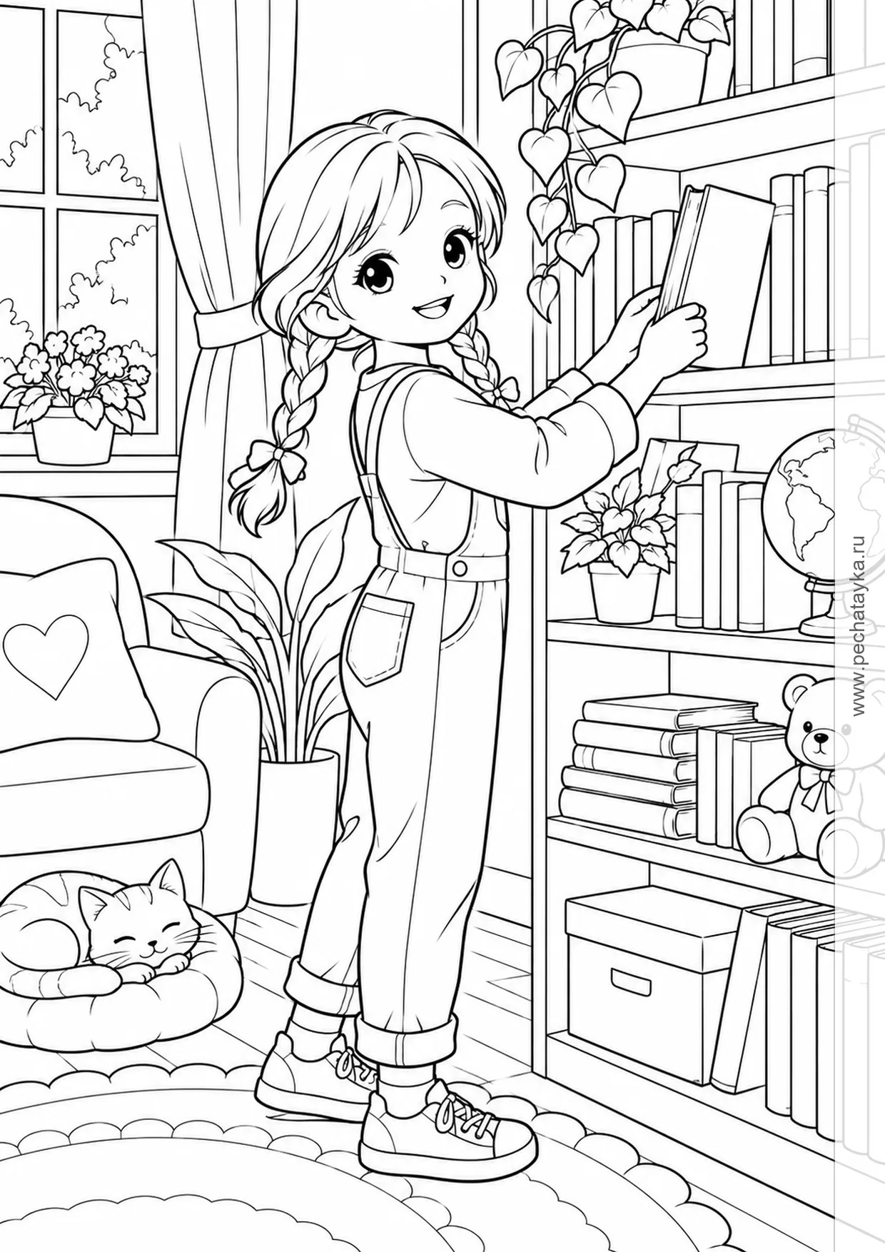 Раскраска девочка с косичками у книжной полки