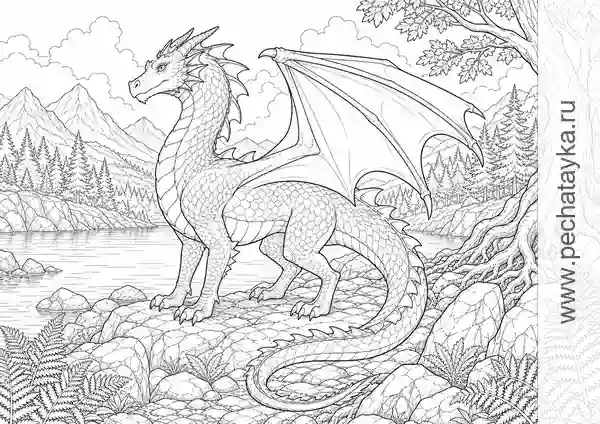 Раскраска дракон у озера среди скал и деревьев для детей 8+ лет