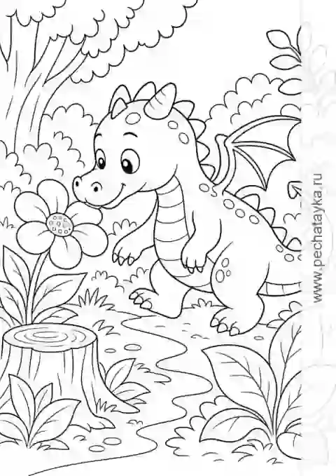 Раскраска дракончик на лесной полянке с большим цветком для детей 4–5 лет