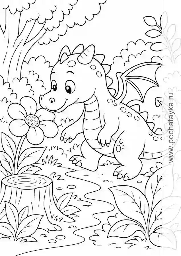 Раскраска дракончик на лесной полянке с большим цветком для детей 4–5 лет