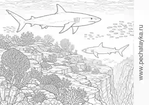 Раскраска две акулы над морским плато