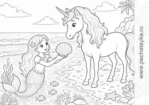 Раскраска единорог на берегу и русалка в воде для детей 6–7 лет