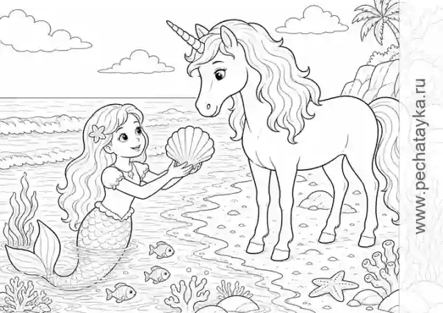Раскраска единорог на берегу и русалка в воде для детей 6–7 лет