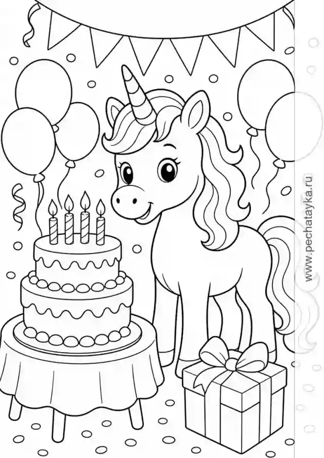 Раскраска единорог с тортом, свечами и шариками для детей 4–5 лет