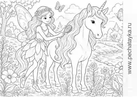 Раскраска фея и единорог на поляне с цветами и ручейком для детей 6–7 лет