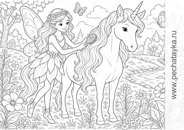 Раскраска фея и единорог на поляне с цветами и ручейком для детей 6–7 лет