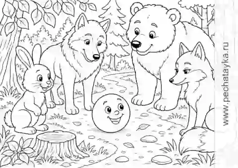Раскраска герои сказки Колобок с лесной сценой для детей 6–7 лет