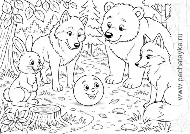 Раскраска герои сказки Колобок с лесной сценой для детей 6–7 лет