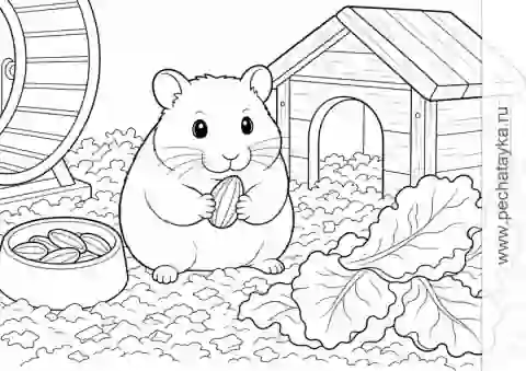 Раскраска хомяк с зернышком у домика для детей 6–7 лет