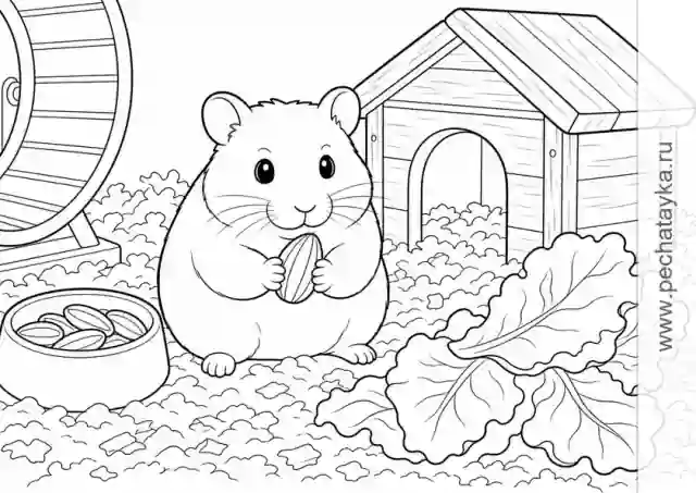 Раскраска хомяк с зернышком у домика для детей 6–7 лет