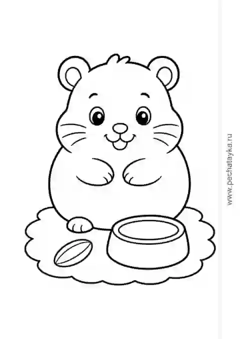 Раскраска хомяк с зернышком и мисочкой для детей 2–3 лет