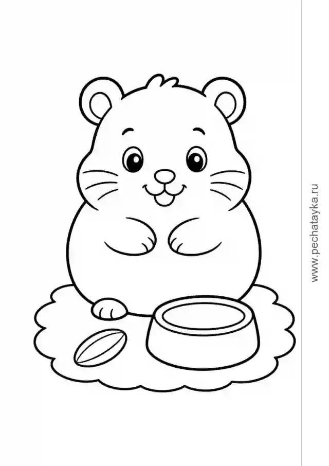 Раскраска хомяк с зернышком и мисочкой для детей 2–3 лет