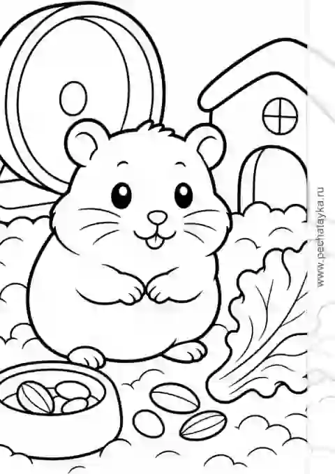 Раскраска хомяк возле домика с колесом и миской для детей 4–5 лет