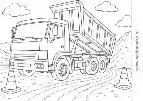 Раскраска камаз-самосвал в песчаном карьере с поднятым кузовом для детей 6–7 лет