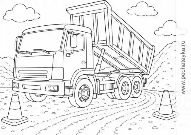 Раскраска камаз-самосвал в песчаном карьере с поднятым кузовом для детей 6–7 лет