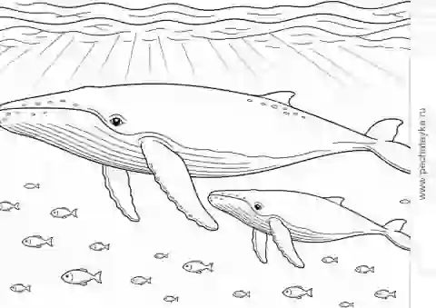 Раскраска кит с детёнышем у поверхности моря