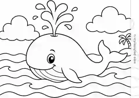 Раскраска кит с фонтанчиком воды среди волн для детей 4–5 лет