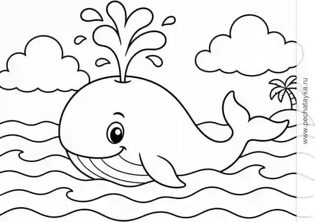 Раскраска кит с фонтанчиком воды среди волн для детей 4–5 лет